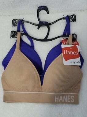Hanes Ribbed Convertible Bras in Nude & Blue - Size XS - 2pcs